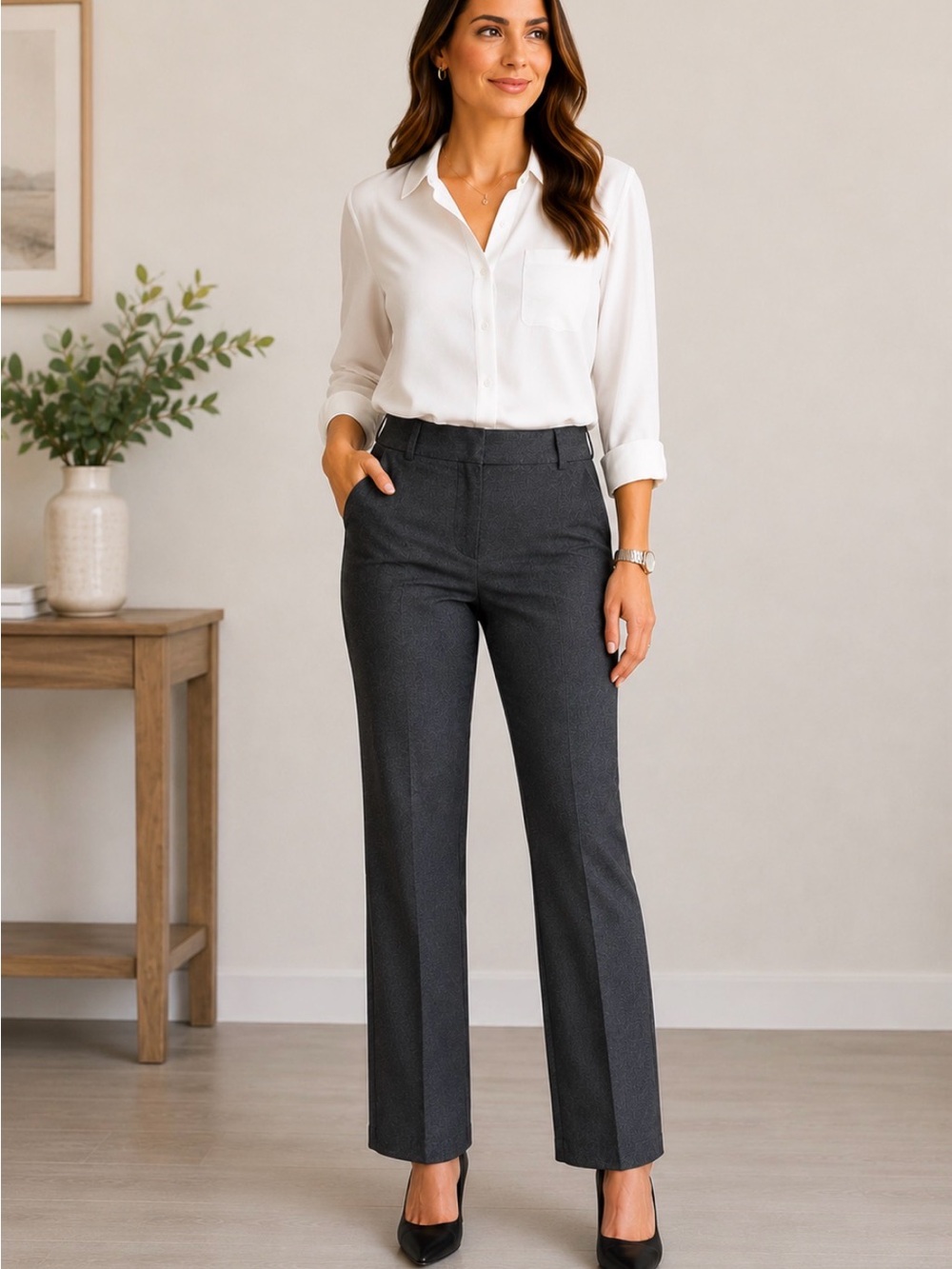 Women's Mid-Rise Straight-Leg Trousers in Charcoal